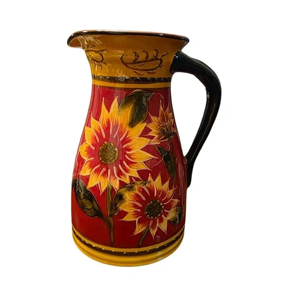 Pier 1 Sunflower‎ Hand Painted Terracotta Carafe Pitcher / Vase Red & Yellow - Picture 3 of 7